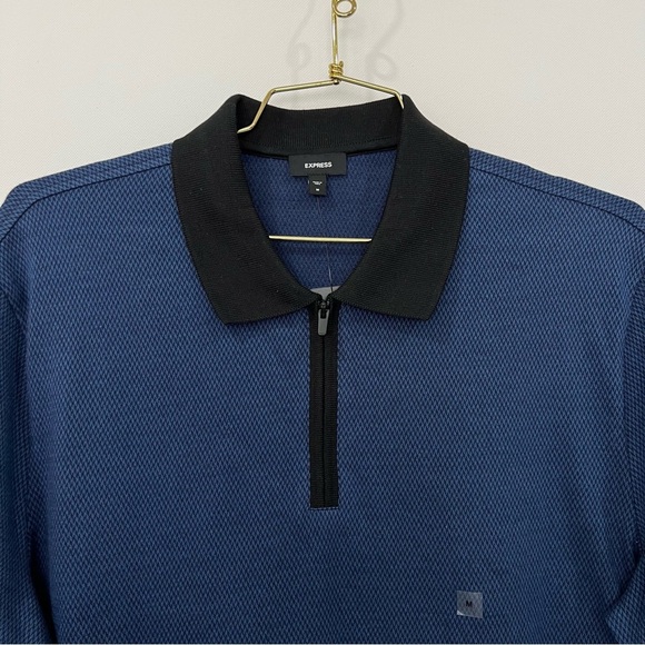 Express Zip Polo Navy and Black Shirt Textured Short Sleeve - Picture 6 of 6